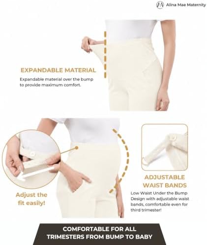 Maternity Pants Work Over The Belly with Pockets, Womens Pregnancy Dress Pants Office Clothes Trousers Stretch Summer