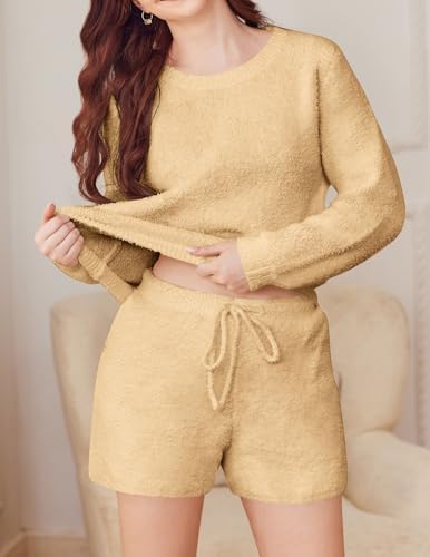 Ekouaer Fuzzy Fleece Pajamas 2 Piece Warm Soft Lounge Set Long Sleeve Sweater Top and Shorts Loungewear Outfits Sweatsuits