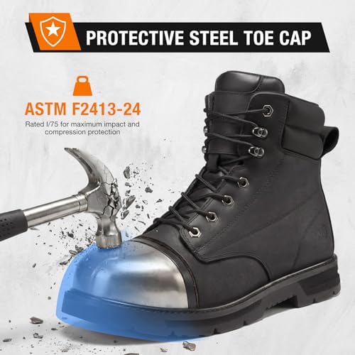 NINGO Steel Toe Work Boots for Men, Water Resistant Crazy Horse Leather