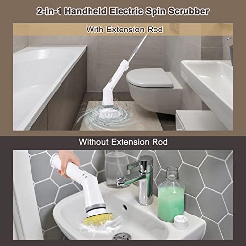 Electric Spin Scrubber Handheld Cordless Electric Cleaning Brush Electric Spin Cleaner 2 Speeds Adjustable with Extension Rod 6 Replaceable Brush Heads for Bathroom Bathtub Toilet Wall Tile Flo