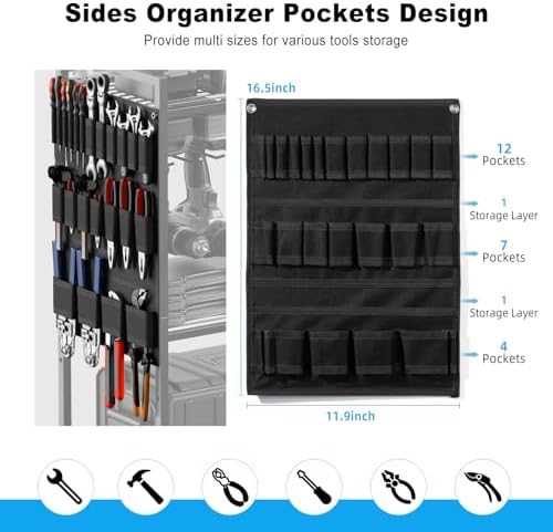 JUNNUJ Power Tool Organizer Cart with Charging Station, 10 FT Cord, Black