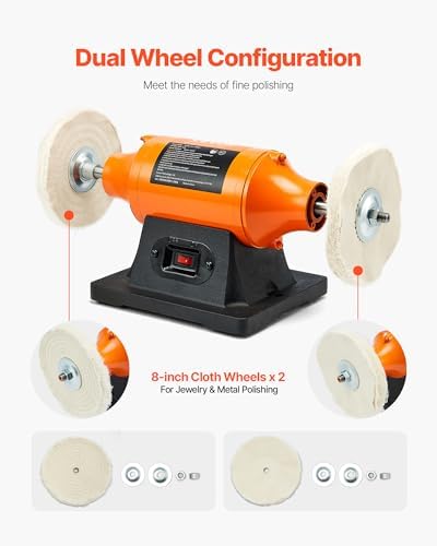 VEVOR 3/4HP Bench Buffer Polisher, 8-inch Bench Polishing Buffing Machine, 3450RPM Single Speed Benchtop Polisher with 2PCS Cloth Wheels & Cast Iron Base for Metal, Jewelry, Wood Polishing