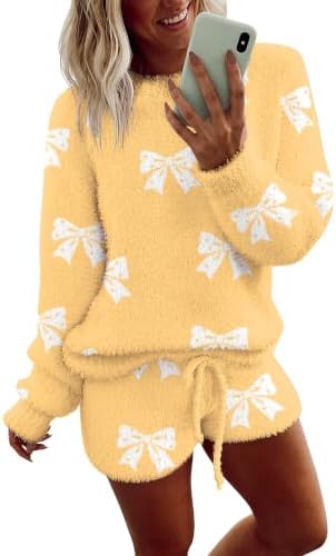 Ekouaer Fuzzy Fleece Pajamas 2 Piece Warm Soft Lounge Set Long Sleeve Sweater Top and Shorts Loungewear Outfits Sweatsuits