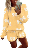 Ekouaer Fuzzy Fleece Pajamas 2 Piece Warm Soft Lounge Set Long Sleeve Sweater Top and Shorts Loungewear Outfits Sweatsuits