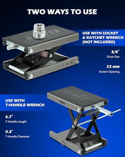 OMT Motorcycle Lift, 1100lb Scissor Jack Stand for ATV Dirt Bike Cruiser | Wide Deck Motorbike Center Stand; Crank Hoist T Handle And 3/8 Inch Socket; 3.7 To 14.6 Inch Lift; 5 Lock Holes; Chain Brush