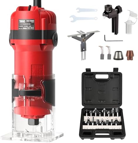 TEENO Wood Router, 800W Compact Router Tools for Woodworking, 31000 RPM Hand Trim Router with 15 Pcs 1/4" Router Bits Set, Edge Guide, Roller Guide, Dust Hood