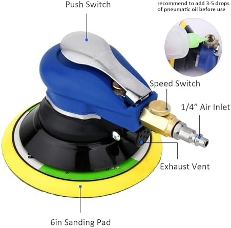 6 inch Pneumatic Orbital Sander, Daul Action Air Sander with Hook and Loop Sanding Pad for Woodworking, Autobody Work