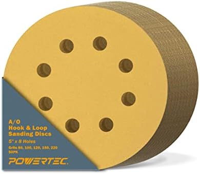 POWERTEC 5 Inch 8 Hole Sanding Discs - 80/100/120/150/220 Grits Sandpaper (10 Each, 50-Pack), Assorted 5" Hook and Loop Sanding Pads for Orbital Sander, DA Sander, Air Sander (44000XG-50)
