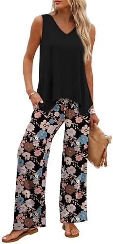 WIHOLL Two Piece Sets for Women Dressy Lounge Sets Summer Outfits Cruise Travel Beach Vacation Casual Wide Leg Pants Set