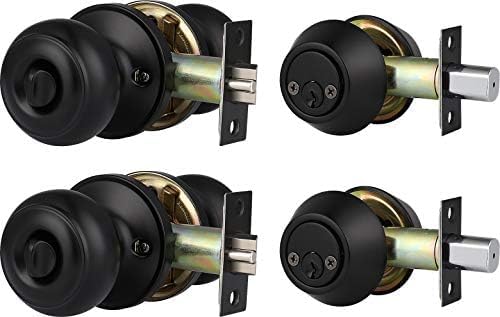 2 Pack Keyed Alike Entry Door Knobs and Double Cylinder Deadbolt Lock Combo Set, Matte Black Finished Door Lock Set, Round Style Door Knobs Deadbolt