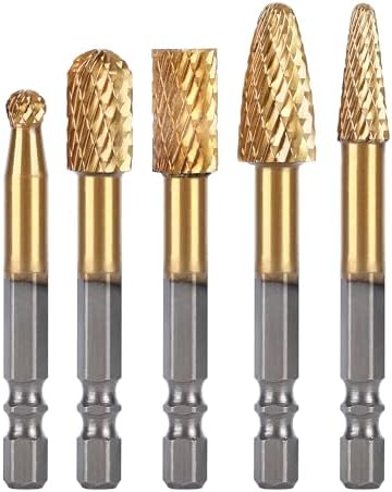 HUHAO 5Pcs Carbide Burr Set 1/4 Shank Die Grinder Bits Rotary Tools Attachment Kit Rasp File Accessories Metal Wood Stone Steel Grinding Deburring Cutting Porting Carving