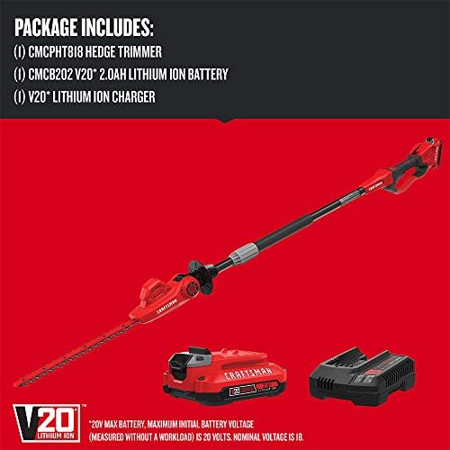 CRAFTSMAN V20 Pole Hedge Trimmer Cordless, 18-Inch, Battery and Charger Included Hedge Trimmer with Extension Pole, Up to 11 Ft Extended Reach (CMCPHT818D1)