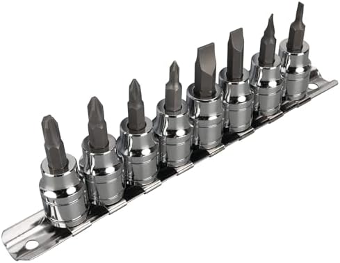Performance Tool W38860 8-Piece 3/8 in. Drive Screwdriver Bit Socket Set | Automotive SAE slotted and Phillips S2 steel bits. Chrome vanadium sockets. Includes steel socket clip rail