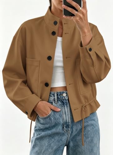 Womens Funnel Neck Jackets Fall Casual Ruffle Hem Cropped Coats