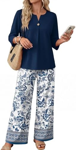 WIHOLL Two Piece Sets for Women 3/4 Length Sleeve Lounge Sets Summer Spring Vacation Travel Outfits Fashion Clothing
