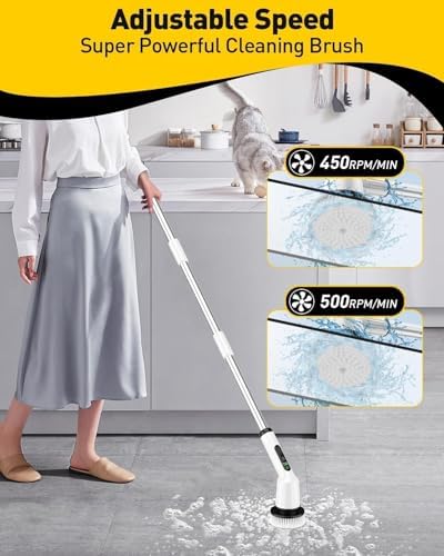 Electric Spin Scrubber,Cordless Shower Cleaning Brush IPX7 Waterproof with 3 Replaceable Brush Heads, Adjustable Extension Handle and Power Dual Speed,Power Scrubber for Bathroom Tub Tile Floor Car