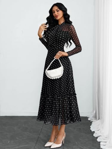 GothDark Polka dot Dress for Women Tie Neck Bow Ruffle Fall Vintage Dress