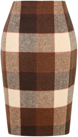 IDEALSANXUN Plaid Skirts for Women Fall Winter Knee Length Pencil Wool Skirt with Slit