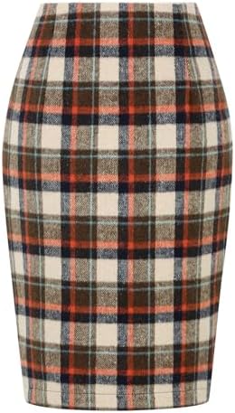 IDEALSANXUN Plaid Skirts for Women Fall Winter Knee Length Pencil Wool Skirt with Slit