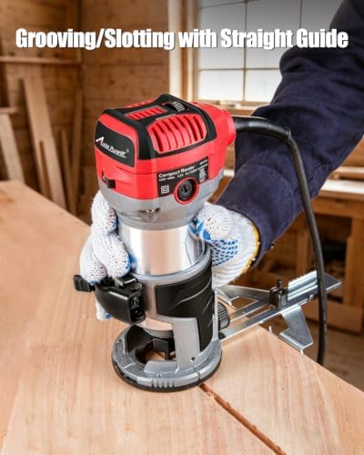 AVID POWER 6.5 Amp 1.25 HP Compact Router Tools for Woodworking, Fixed Base Wood Router with Trim Router Bits, 6 Variable Speeds, Edge Guide, Roller Guide, Dust Hood (Red, 65mm)