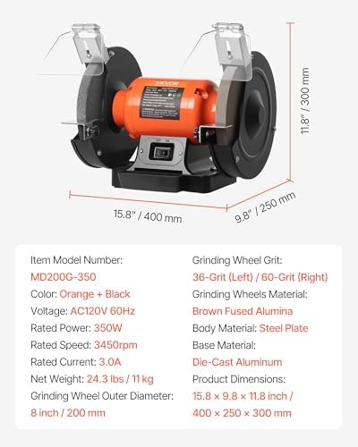 VEVOR Bench Grinder, 8-inch Single Speed Bench Grinder, 3450RPM High-Speed Table Grinders with 350W 3.0A Induction Motor, 36/60-Grit Grinding Wheel & Adjustable Eye Shield for Fast Sharpening Grinding