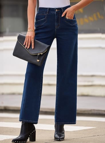 Sidefeel Women's Straight Leg Jeans High Waisted Stretchy Jeans Zimbaplatinum Wide Leg Ankle Denim Pants with Pockets