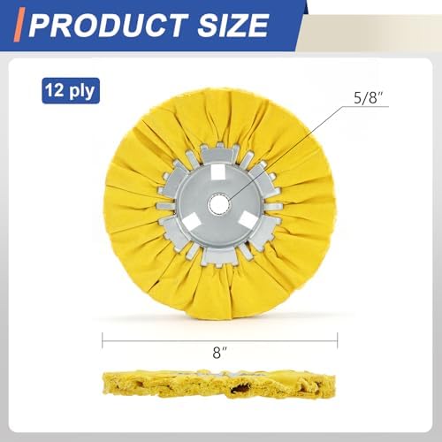 8" Airway Buffing Wheel for Angle Grinder, 5/8" Arbor Hole, 12 Plys Hard Cotton Polishing Wheel for Aluminum, Stainless Steel, Brass & Copper, Yellow, 2 pcs