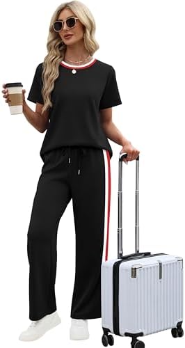 WIHOLL 2 Piece Lounge Sets for Women Matching Set Summer Outfits Short Sleeve Tops Wide Leg Pants with Pockets