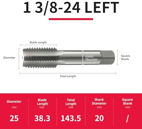 1 3/8-24 Left Hand Straight Flute Thread Tap Machine Tap HSS (High Speed Steel) Threading Tapping Repair Tools DRINYOUNG (1 3/8-24 Left)