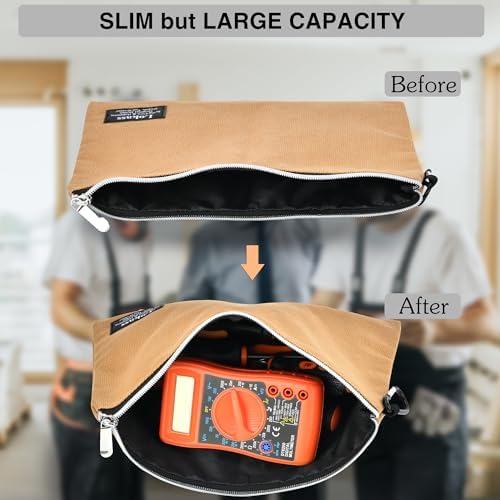 Tool Bag Backpack with 2 Canvas Tool Pouch Tool Kit, 75 Pockets & Loops Heavy Duty Tools Organizer/HVAC Tool Carrier for Eelectrician/Construction Work with Molded Base and Combination Lock, Brown