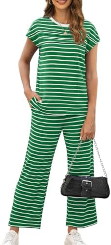 WIHOLL Two Piece Sets for Women Summer Spring Travel Vacation Outfits Cap Sleeve Lounge Matching Sets Wide Leg Pants S-3XL