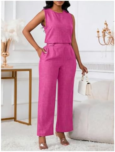 Floerns Women's 2 Piece Sets Dressy Outfits Bussiness casual Crew Neck Sleeveless Blouse and Elegant Pants Set