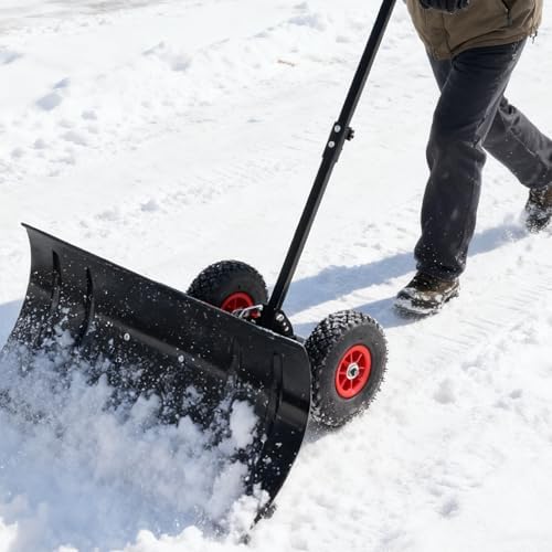 30" Wide Metal Snow Pusher Shovel with 2 Wheels & 15" Blade Adjustable Height & Angle Handle for Driveway, Sidewalk - Ergonomic Double-Rod Design, Heavy-Duty Steel