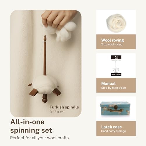 DICHA Black Walnut Turkish Spindle Kit with 2 oz Wool Roving/Top-Weaving Spinning Wheels for Beginners-All in A Gift Box-Perfect Spinner Gifts