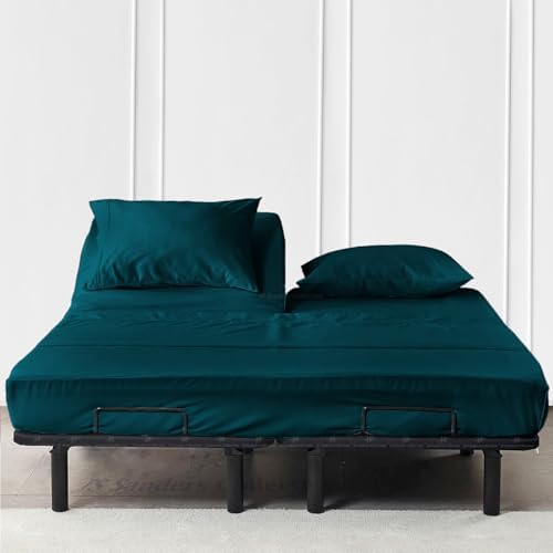 JS Sanders Collection 600TC Flex Top Queen Sheets for Sleep Number Bed - 100% Cotton 4 Pcs Top Split Queen Sheets for Adjustable Bed Queen 30 Inch Down Teal -18 Inch Deep