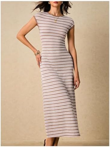 SOLY HUX Women's Striped Midi Dress Casual Work Knit Bodycon Summer Dresses