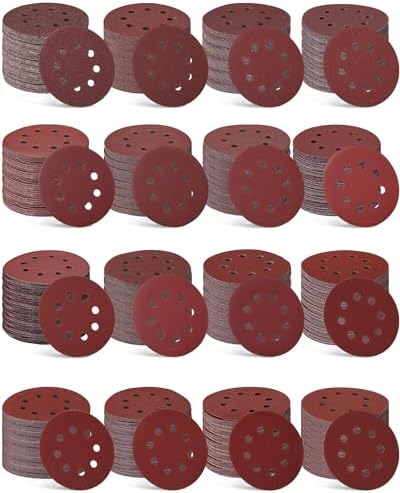 Queekay 350 Pieces 5 Inch 8 Holes Sanding Discs Round Hook and Loop Sandpaper for Random Orbital Sander 60 80 100 120 150 180 220 240 320 400 600 Grit(16 Styles)