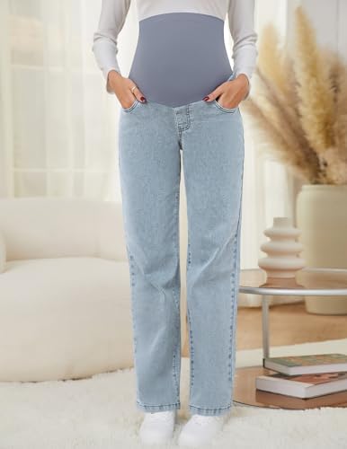 fitglam Women's Maternity Jeans Straight Leg Relaxed Fit Over Belly Pregnancy Denim Work Pants Maternity Clothes with Pockets