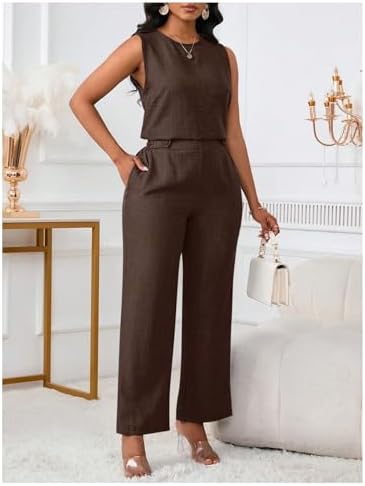 Floerns Women's 2 Piece Sets Dressy Outfits Bussiness casual Crew Neck Sleeveless Blouse and Elegant Pants Set