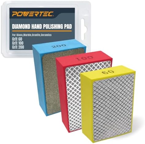 POWERTEC 72306 Diamond Hand Polishing Pads 3Pack, 60, 100 & 200 Grits, Diamond Sanding Block for Polishing and Grinding Porcelain, Ceramic Tile, Glass, Granite, Stone, Wood & Metal