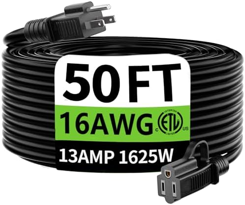 HUANCHAIN Black Outdoor Extension Cord 50 ft Waterproof, Indoor 16/3 Gauge Flexible Resistant Appliance Extension Cord Outside, 13A 1625W 16AWG SJTW, 3 Prong Electric Cable, ETL Listed