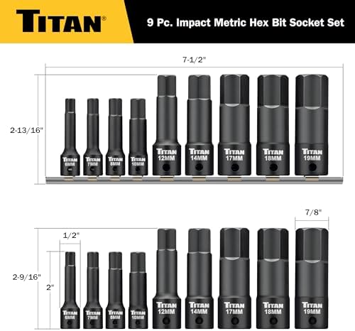 Titan 49011 9-Piece Impact Metric Hex Bit Socket Set, Sizes 6mm thru 19mm, S2 and 6150 Alloy Steel, Extra-long Design for Greater Reach and Access, Metal Storage Rail