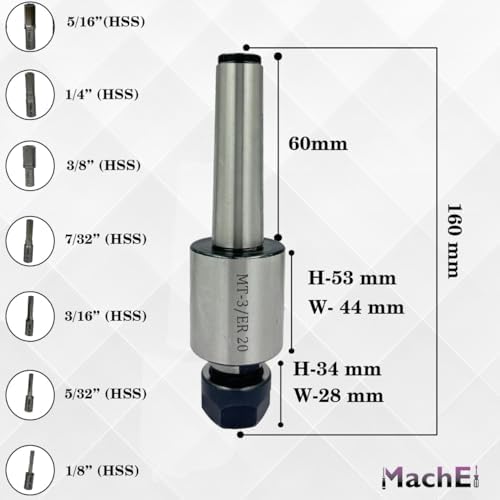 MachEl MT3 Shank Rotary Broach Kit with ER-20 Adapter & 7-Piece Hex Broach Set – Premium Precision Tools for CNC and Milling Operations