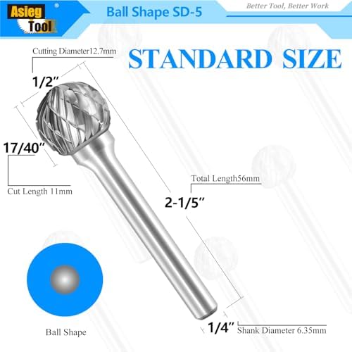 SD-5 Tungsten Carbide Burr Rotary File Ball Shape Double Cut with 1/4''Shank for Die Grinder Drill Bit - 10Pcs