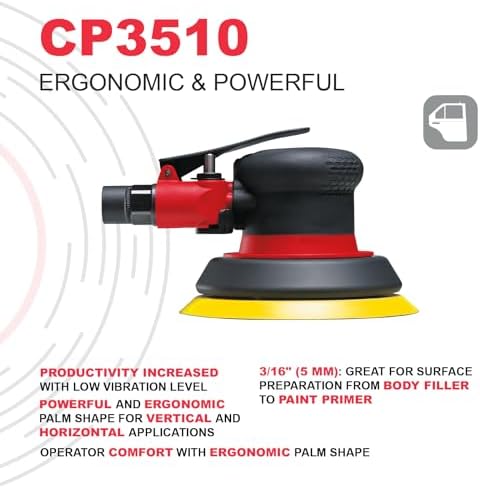 Chicago Pneumatic CP3510 - Air Random Orbital Sander Tool, Home Improvement, Woodworking Tools, Polisher, Rust Removal, Heavy Duty, Non-Vacuum, Hook & Loop, 5 Inch (125 mm), 0.28 HP / 210 W - 12000 RPM