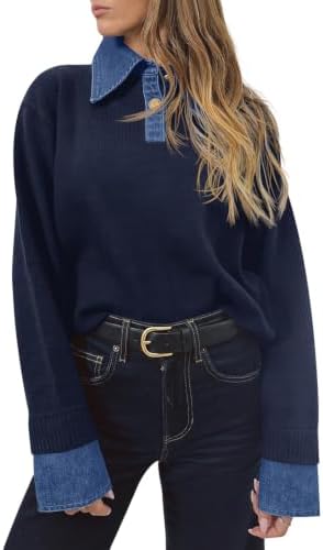 Saodimallsu Womens Denim Patchwork Sweaters V Neck Polo Pullover Tops