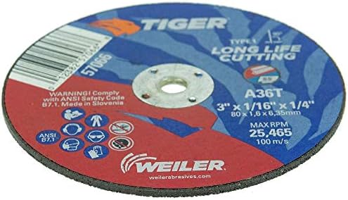 Weiler 57066 3-Inch Cutting Wheel, Tiger AO Steel/Metal Long Life, Performance Cutting, 1/16" A36T Type 1 1/4" Arbor (Pack of 100)