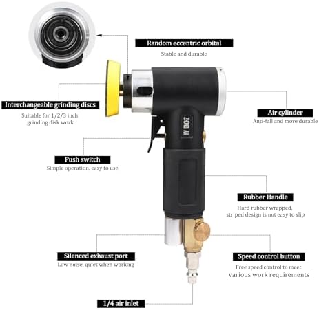2 3-inch Mini Orbital Sander da sander Air Dual Action Sander Air Polisher Super Smooth and Swirl Freely High Speed for Auto Body Work with 20 PCS Sanding Discs (BLACK)