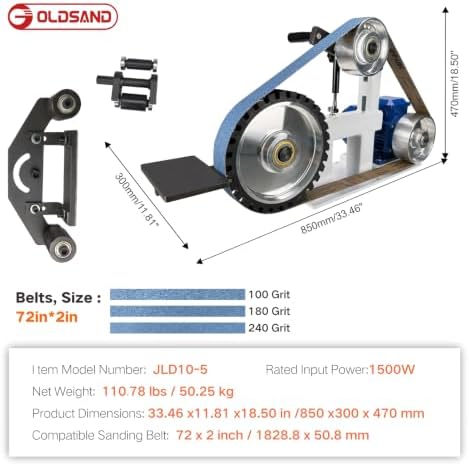 Belt Grinder Sander, 1500W 2HP Polishing Grinding Machine, 72x2 Inch Belts,Variable Speed Belt Polisher with VFD, 3 Grit Options, Arc/Circular/Flat Grinding, Industrial Metal Working Machine