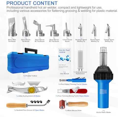Hot Air Plastic Welder 1600W, Complete Accessories & Nozzles for Plastic Welding Roofing Kit 110V, Vinyl PVC TPO Roof Handheld Hot Air Heat Gun Plastic Welding Torch